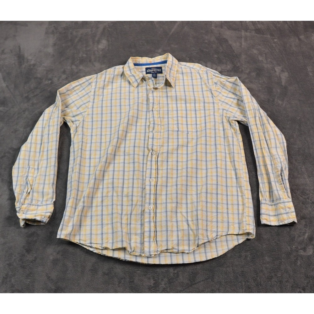 Aeropostale Shirt Mens XL Yellow Blue Plaid Slim Fit Long Sleeve Comfy Light
